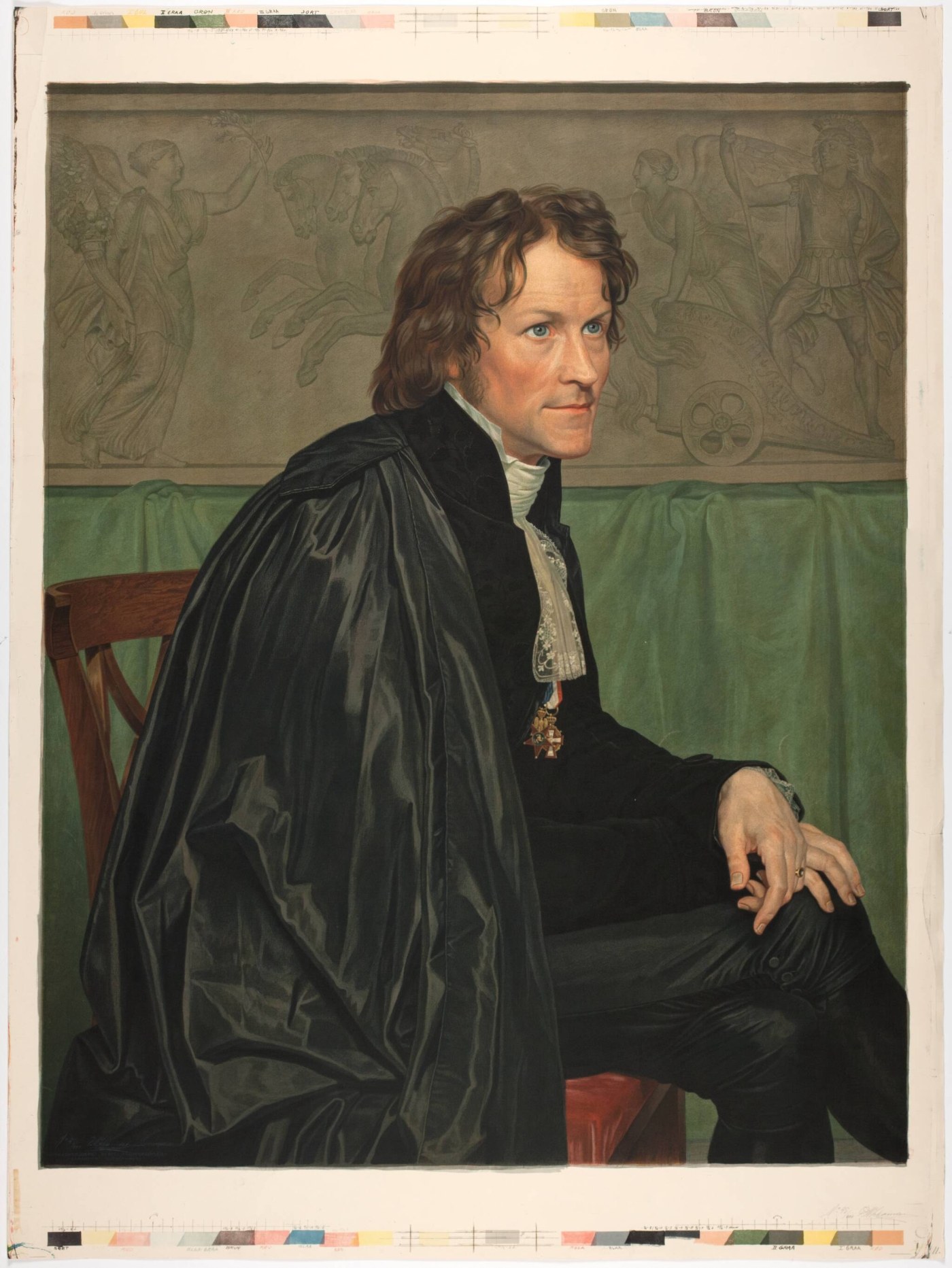 Colour proof of a portrait of the sculptor Bertel Thorvaldsen, seated in a black cloak before a relief frieze, with printer's colour bars along the top and bottom margins