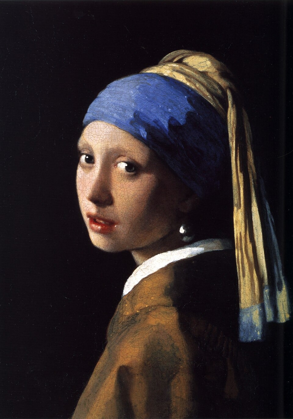 Johannes Vermeer's Girl with a Pearl Earring: a girl in a blue and yellow turban looks over her shoulder against a dark background