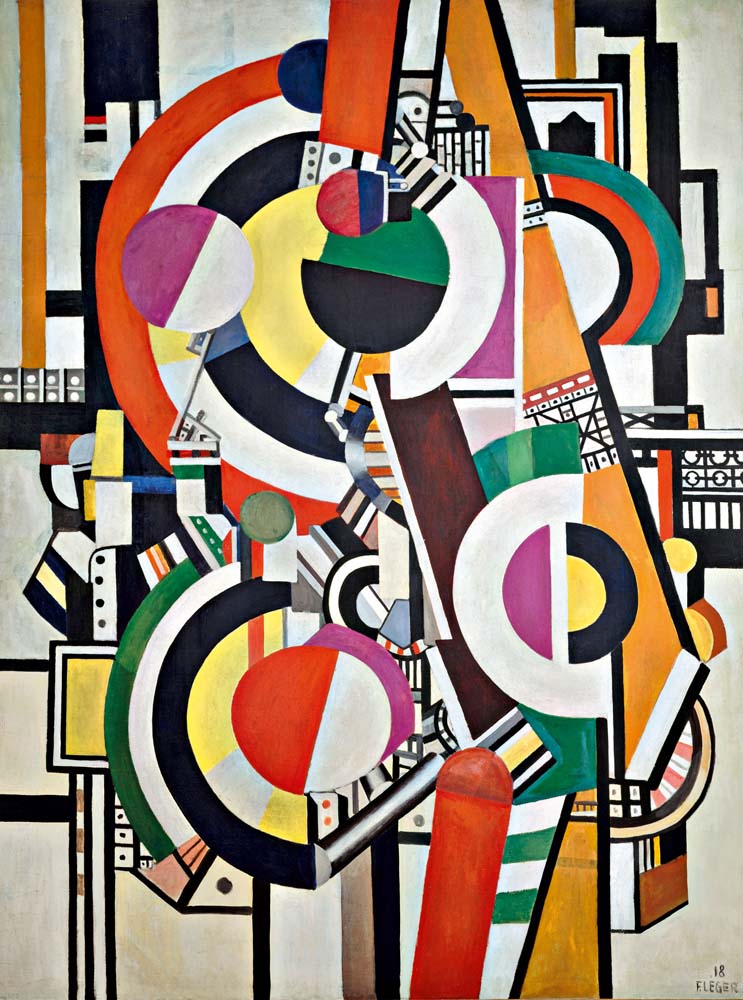 Fernand Léger's Les Disques: interlocking coloured discs in red, yellow, green and black among machine-like bars and city fragments