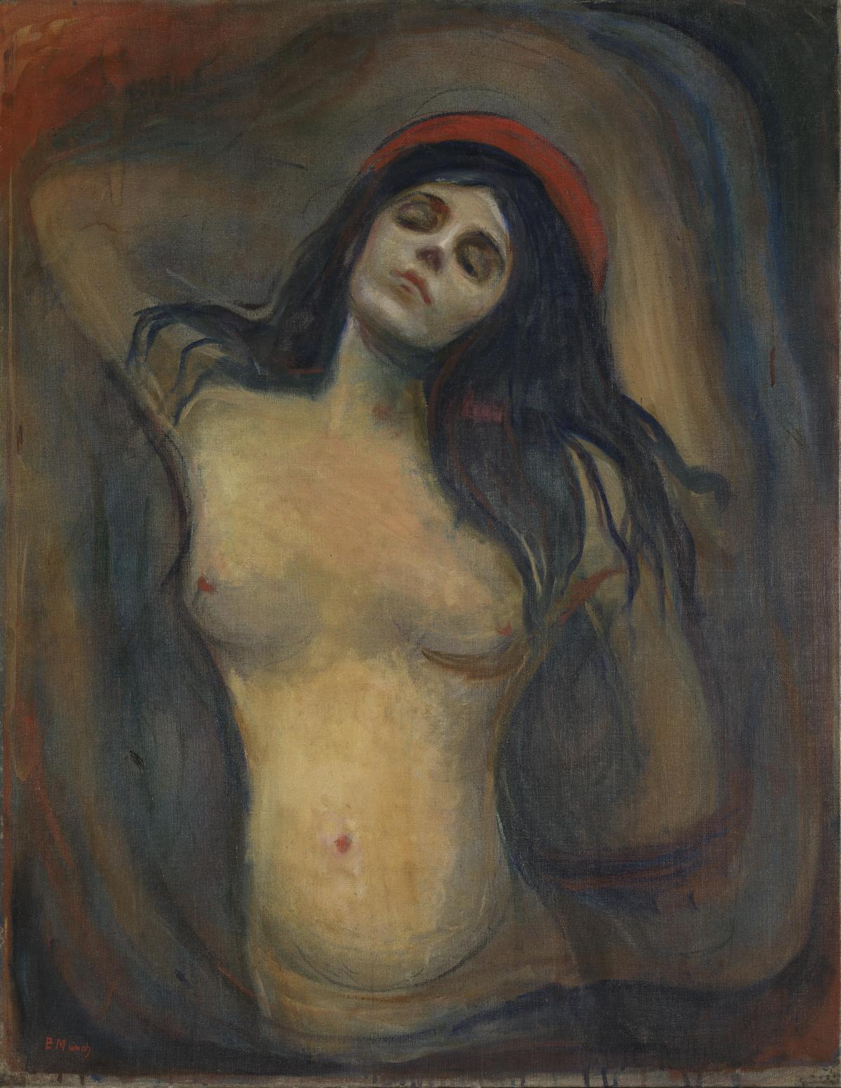 Edvard Munch\'s Madonna: a dark-haired woman, nude to the waist, leans back with closed eyes and one arm raised behind her head, a red cap like a halo, framed by swirling dark brushstrokes