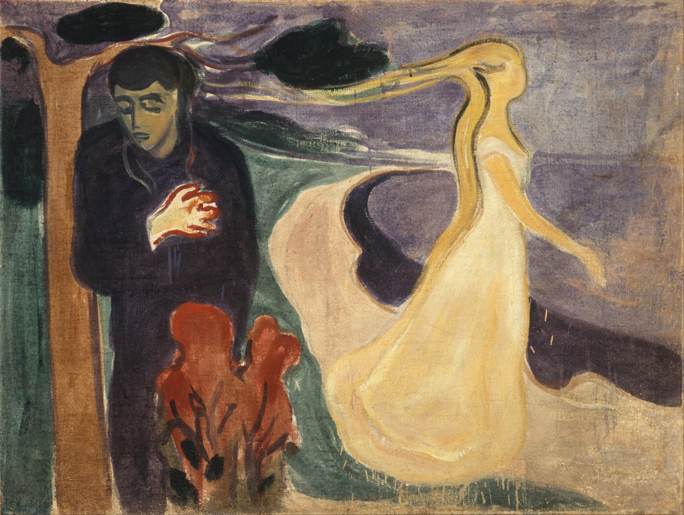 Edvard Munch, Separation, 1896: a woman in white with long golden hair drifts away towards the sea, while a man in dark clothes stands alone in the foreground, his hand pressed to a bleeding heart