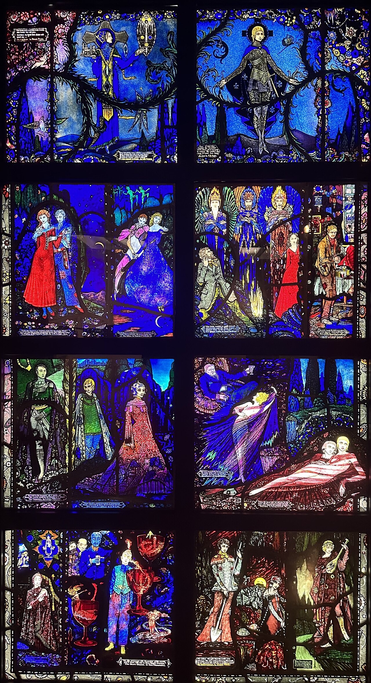 Harry Clarke's Geneva Window: eight stained-glass panels in deep blues and reds showing figures from Irish literature, set in black leading