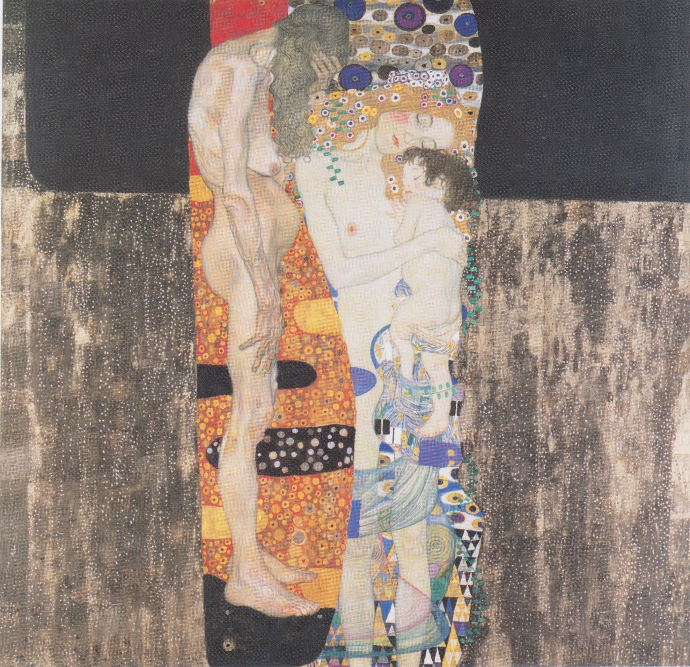 Gustav Klimt\'s The Three Ages of Woman: a nude young mother cradles a sleeping child amid a field of gold and patterned ornament, while a nude old woman stands beside them, head bowed and face hidden by her hair