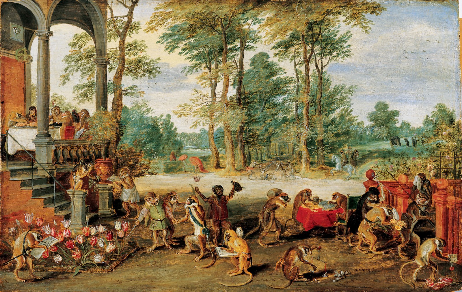 Jan Brueghel the Younger's Satire on Tulip Mania: monkeys dressed as Dutch burghers crowd a garden beside a palace, inspecting a bed of tulips, counting coins at a table spread with red cloth, writing in ledgers and feasting under the colonnade